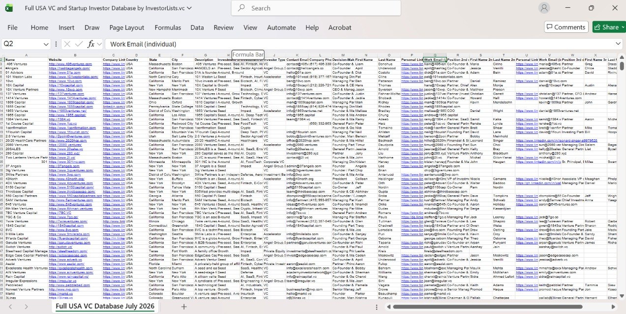 The USA VC & startup investor database open in Excel — firms, decision-makers and verified work emails